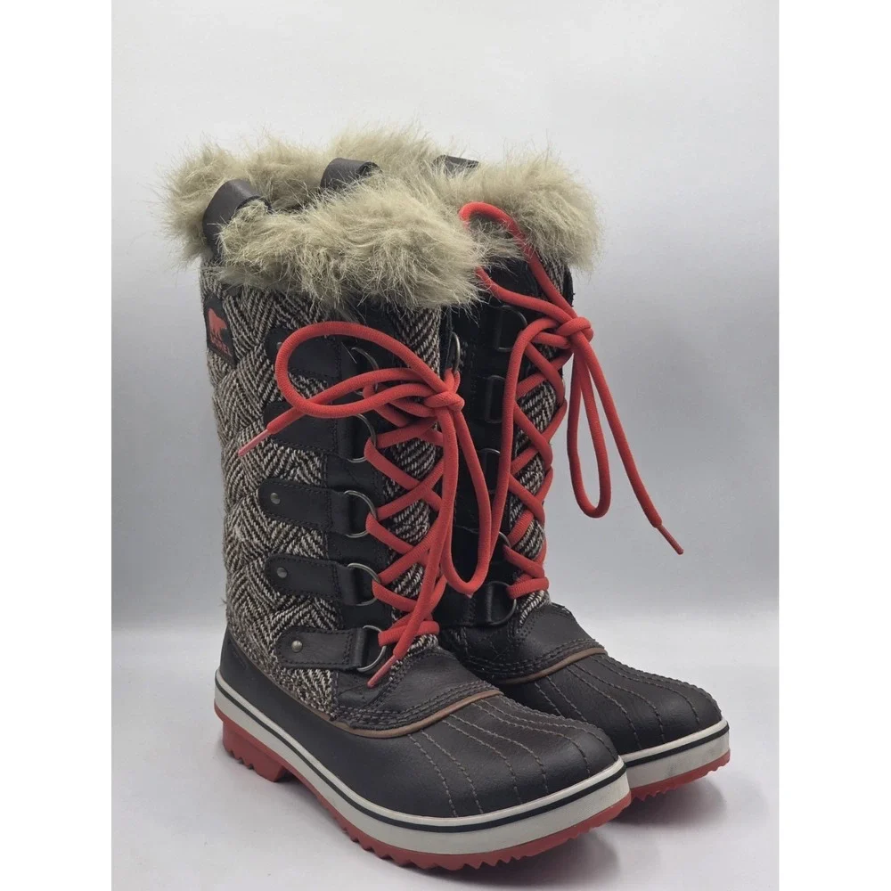 Sorel Tofino II Brown Orange Quilted Snow Boots Womens 7 Waterproof Faux Fur